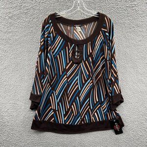 Como Women Top 1X Brown Geometric Long Sleeve Pullover Shirt‎ Stretch